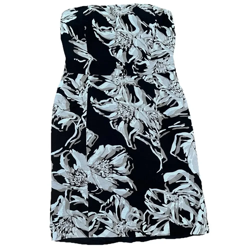 Banana Republic Dress Womens Sz 8 Black Beige Floral‎ Linen Sheath Strapless